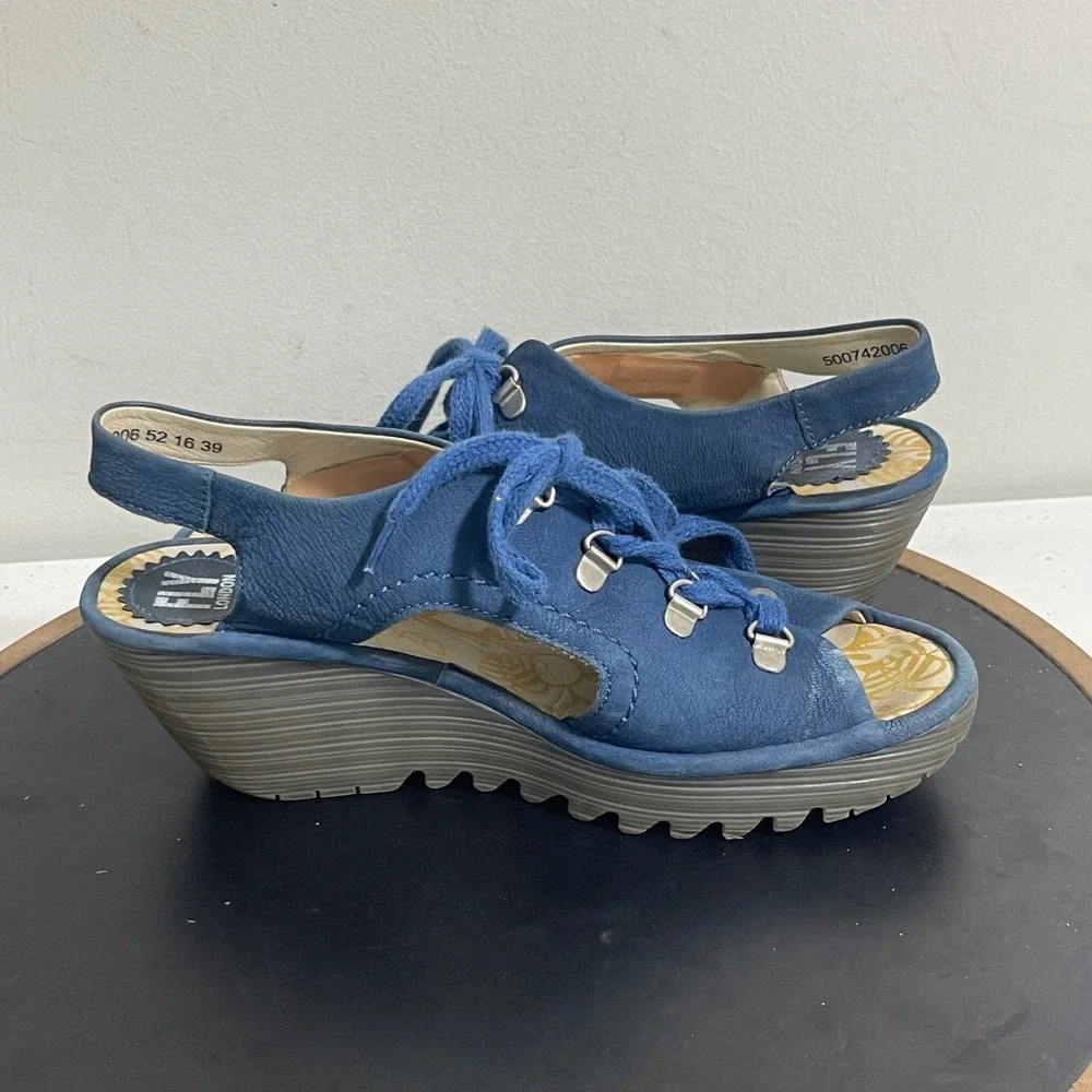 Fly London Slingback Wedge Sandals 8.5 / 39‎ Blue Suede Leather Lace Up Casual